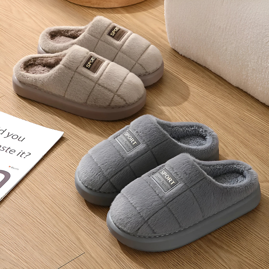 Men's grey and brown plaid pattern slippers with rabbit hair trim and a thick EVA sole.
