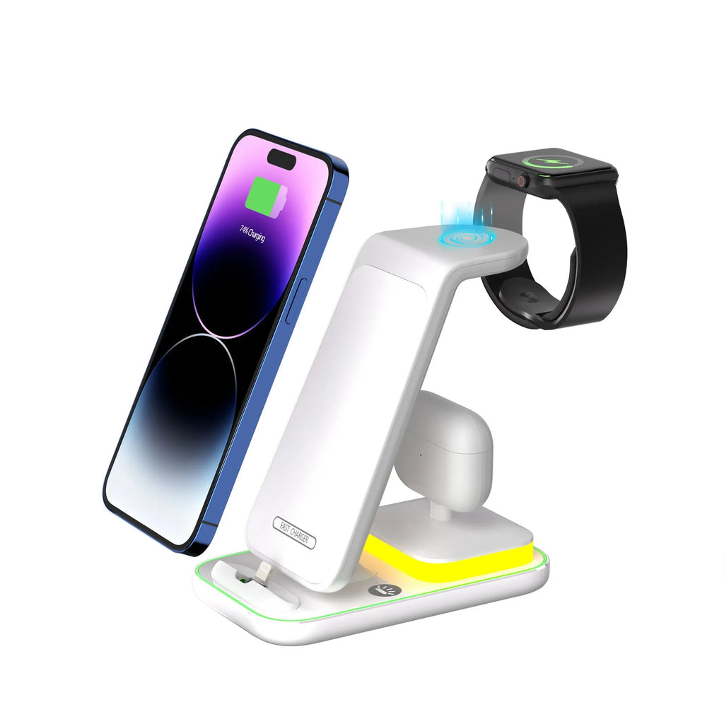 15W fast charge vertical wireless charger with phone, watch, and headset, black colour, on a desk