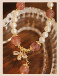 Crystal strawberry quartz stringed pearls bracelet with bow for women summer INS style