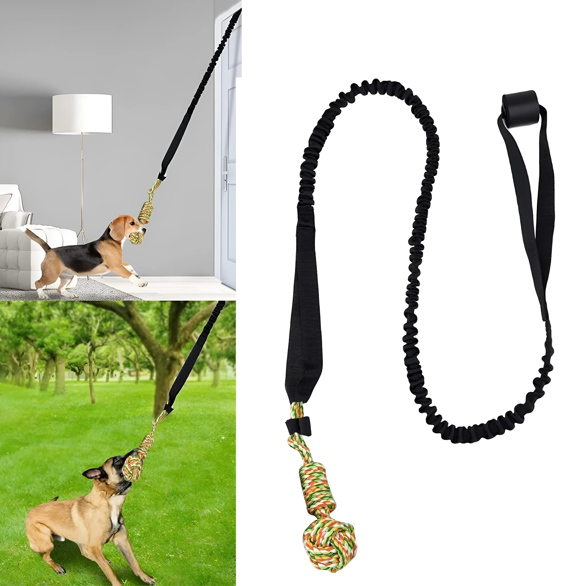 Cotton thread dog tug of war rope toy in black, grey, or red colours for interactive play and teeth grinding