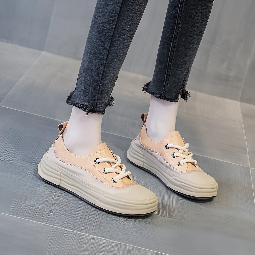 Women's leather platform sneakers in matcha, orange, and purple colours showing round toe and lace-up design