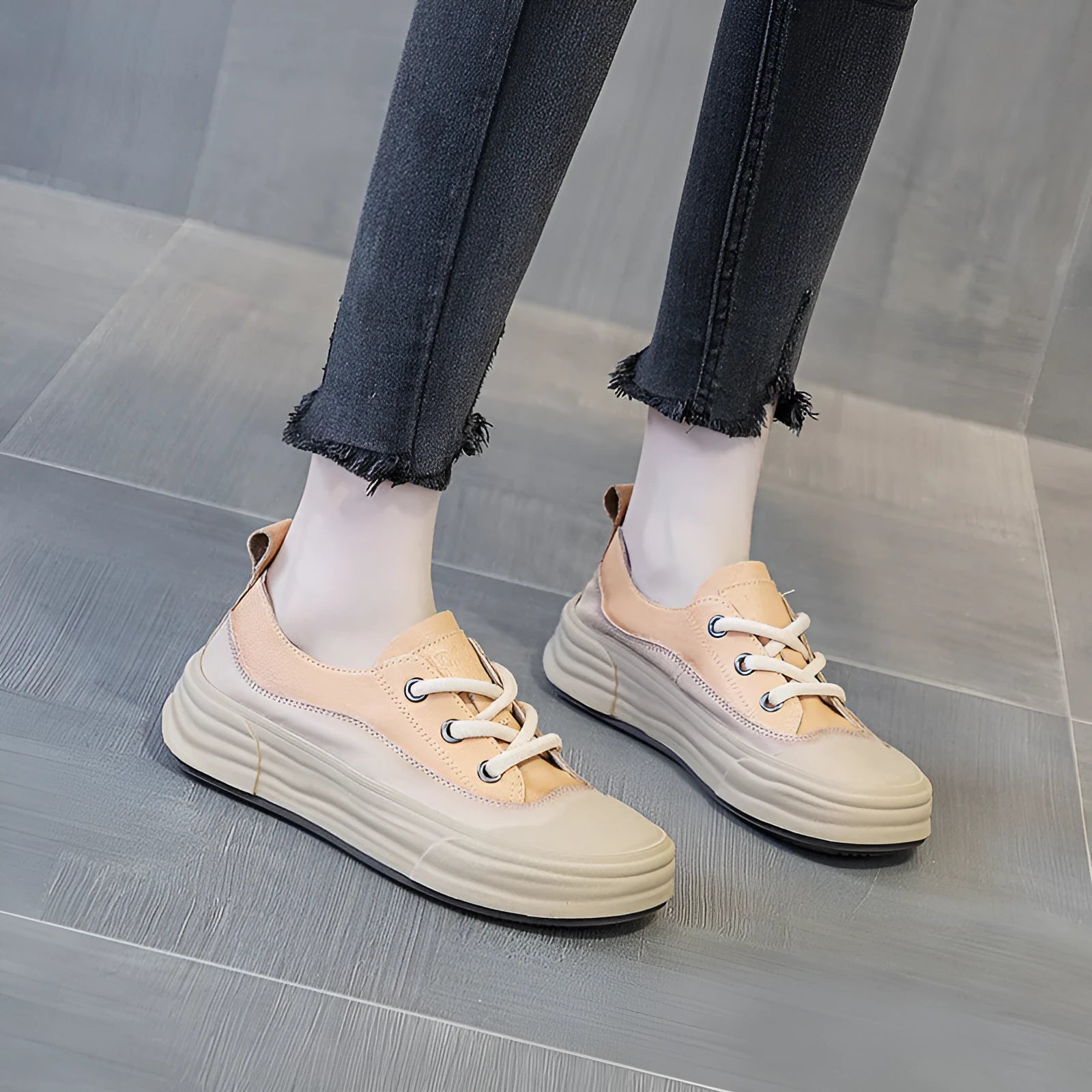 Women's leather platform sneakers in matcha, orange, and purple colours showing round toe and lace-up design