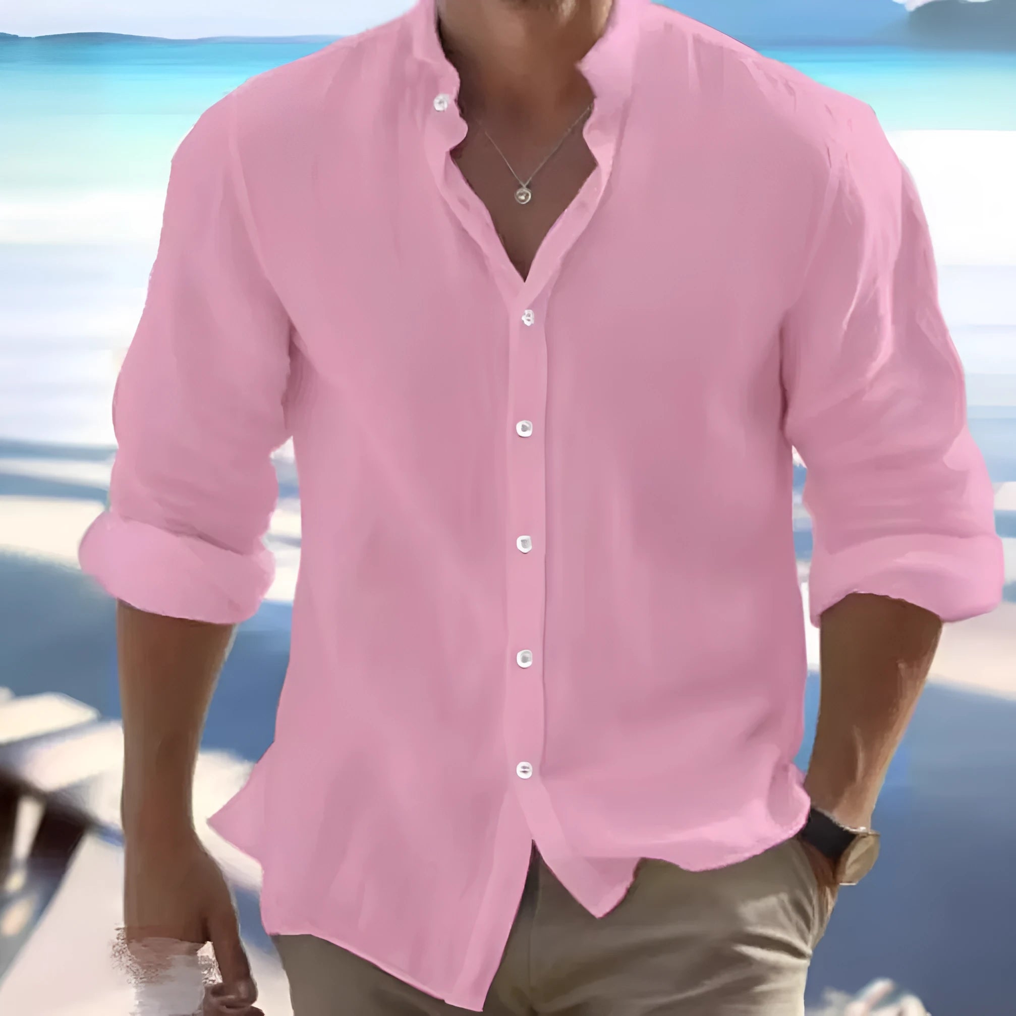 Men's light grey long-staple cotton casual button summer shirt on a hanger