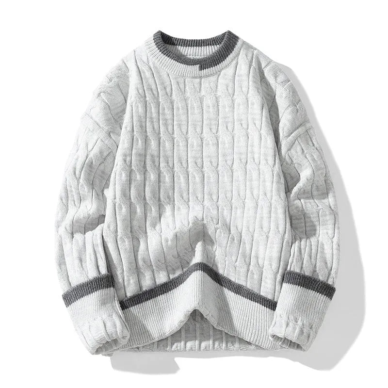 Man wearing a loose fit light blue modal acrylic blend long sleeve pullover sweater