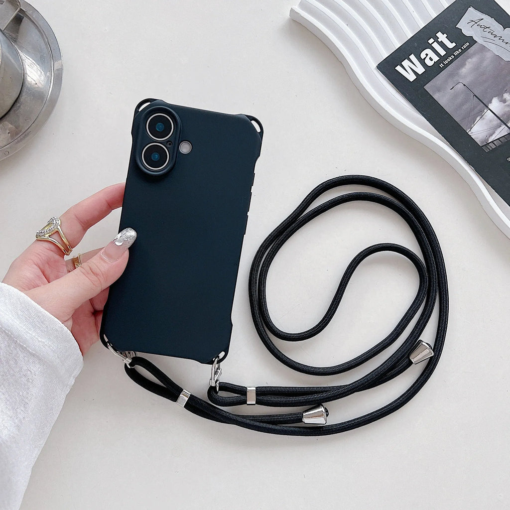 Four-corner cross lanyard liquid silicone phone case for Apple iPhone 16, soft anti-fall, antique white colour