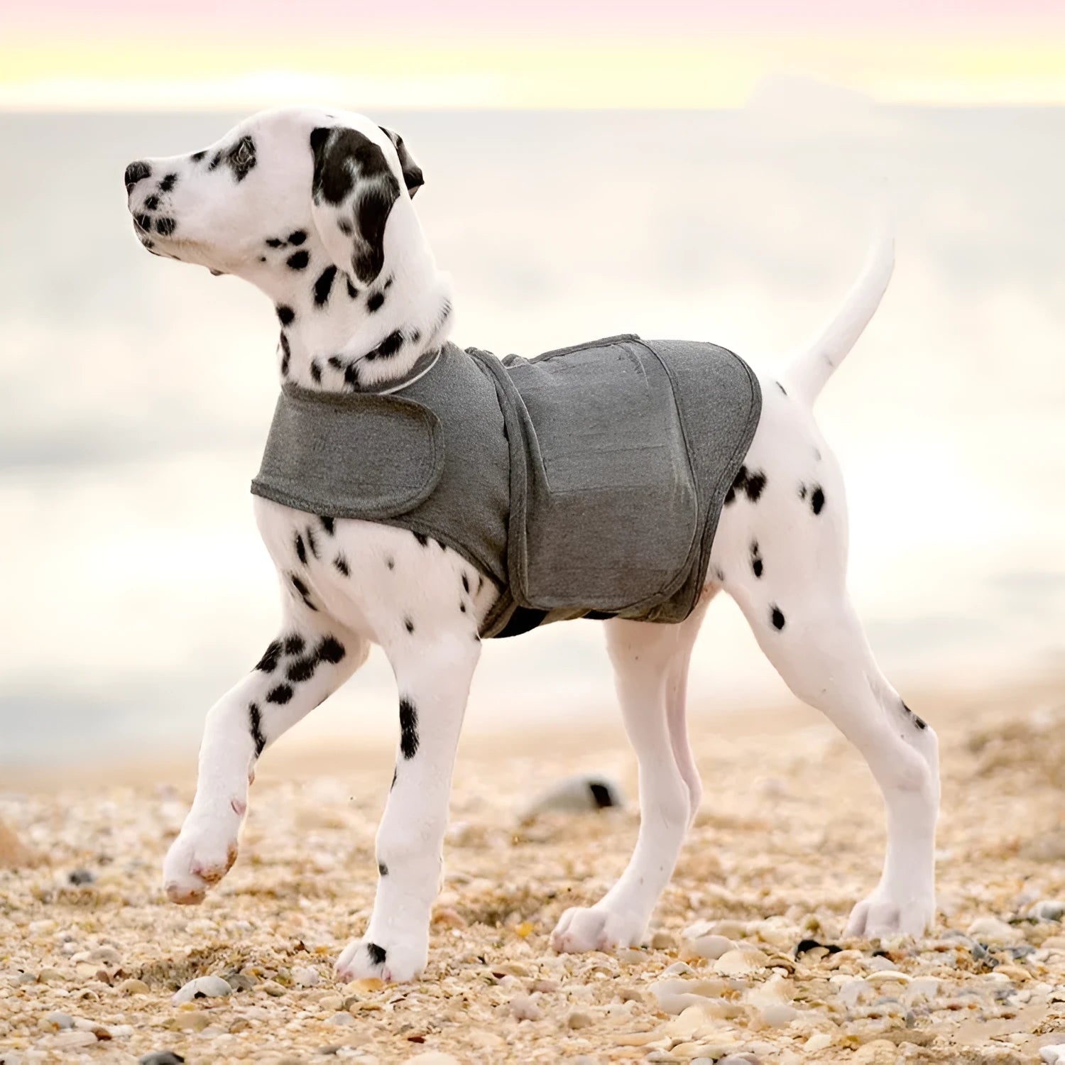 Heather grey dog anxiety vest made from brocade cotton ponte-de-roma, showing sizing from XXS to XXL.