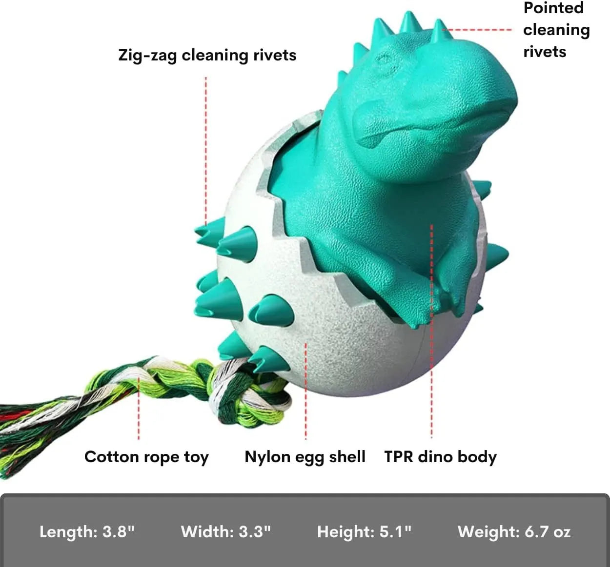 Blue dinosaur-shaped dog chew toy with rubber nubs and a rope tail for aggressive chewers.