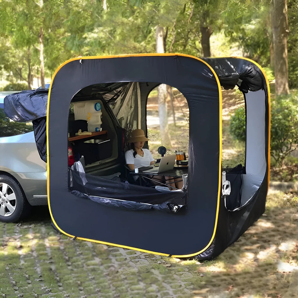 Pop-up outdoor camping car tail tent in black, unfolded to 200x200x200cm with steel frame and Oxford cloth body
