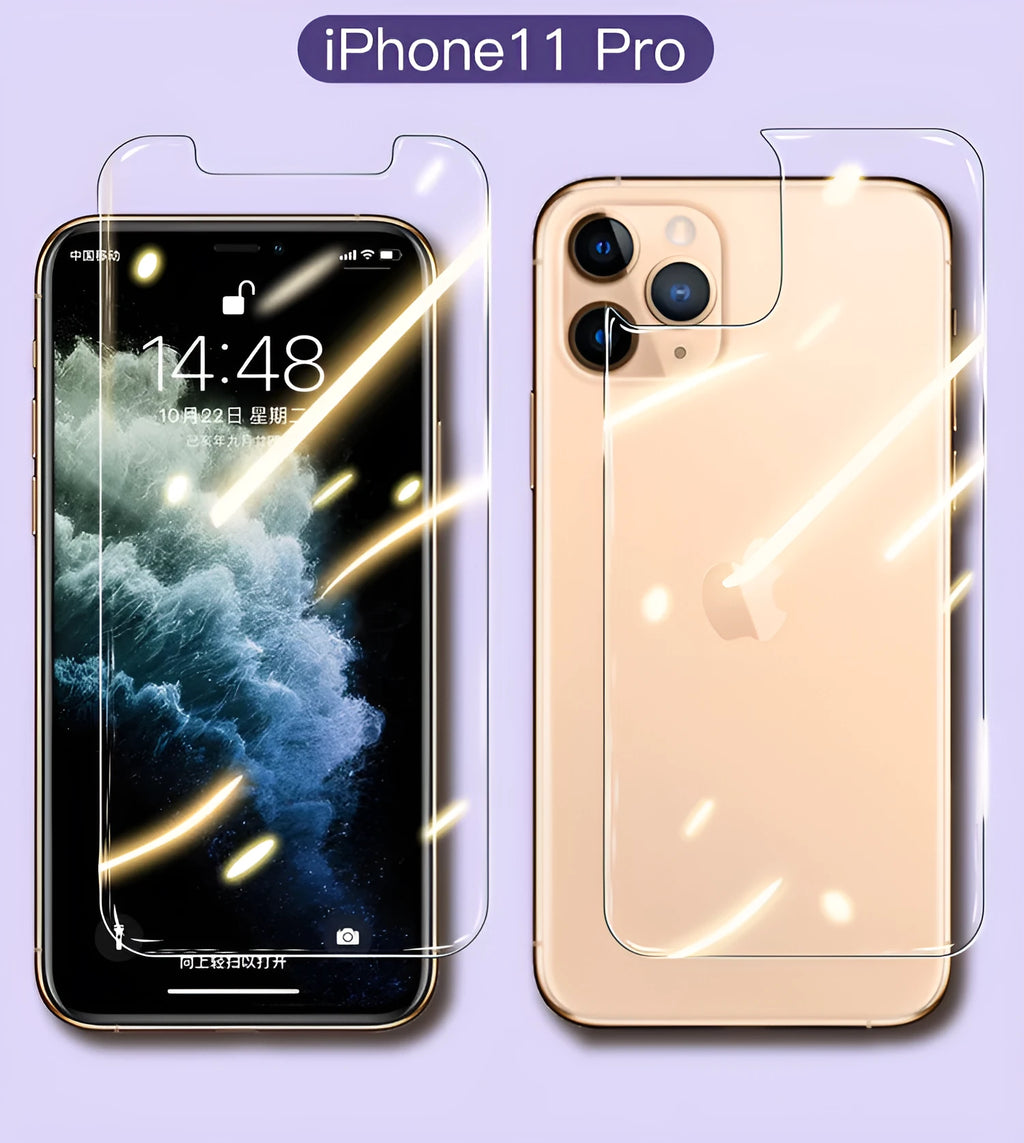 Apple iPhone tempered glass screen protector film for front and rear, showing half-screen design
