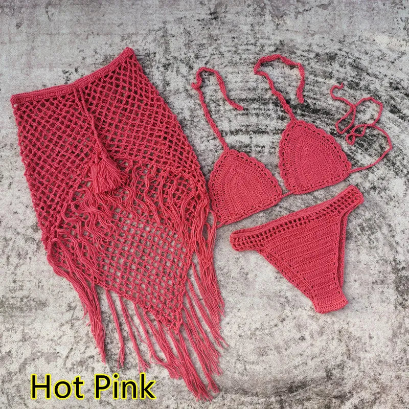 Women's 3-piece handmade crochet bikini beach skirt swimsuit set in solid colours