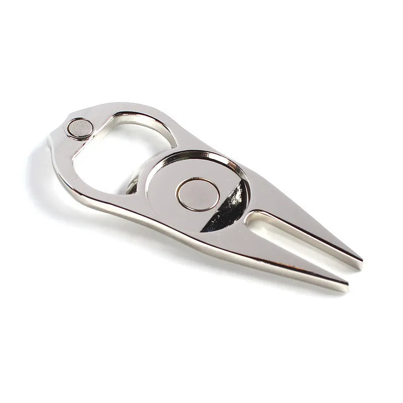 Zinc alloy golf ball yoke bottle opener tool with 88x35mm ball lifter and 25mm marking coin