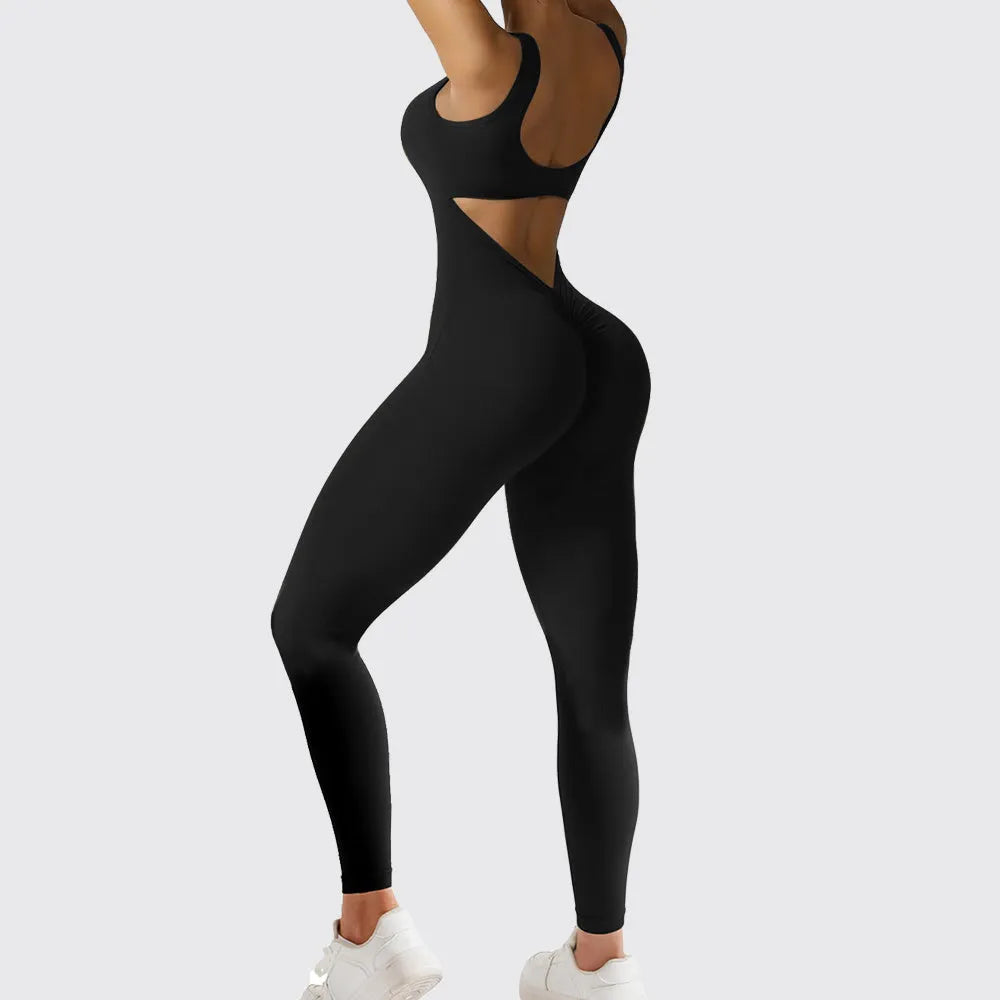 Women's sleeveless flare jumpsuit for fitness and yoga in high elasticity polyester fabric