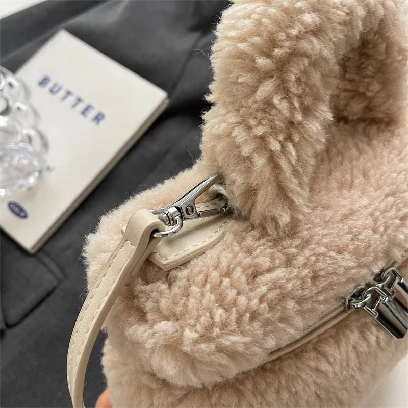 Plush women's shoulder bag in cream-white, box shape, with single strap and stitch detailing