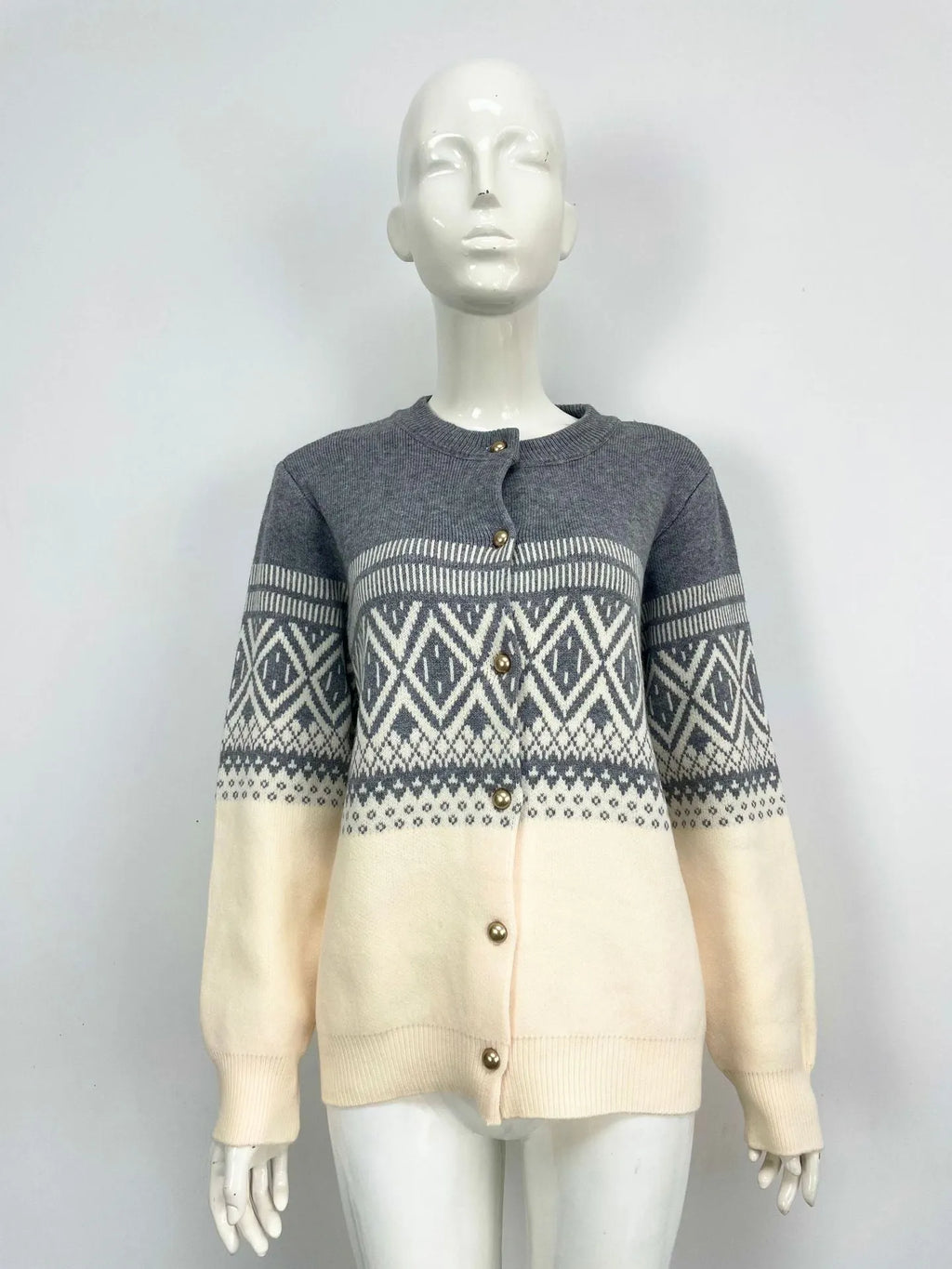 Women's long-sleeved contrast color diamond knitted alpaca wool cardigan free size