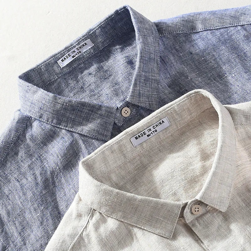Man's casual linen shirt with square collar and short sleeves in raw jute colour