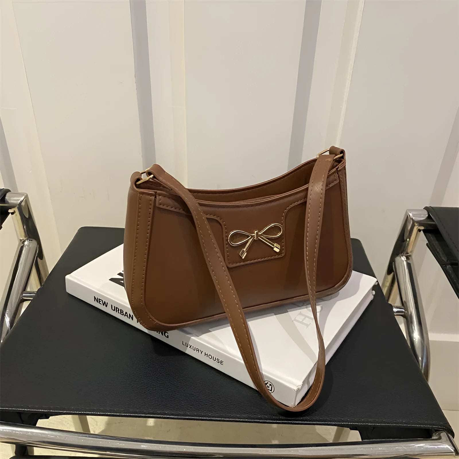 Portable shoulder western style bagg bag in PU with bow accent, available in six colours, 24x14x5 cm
