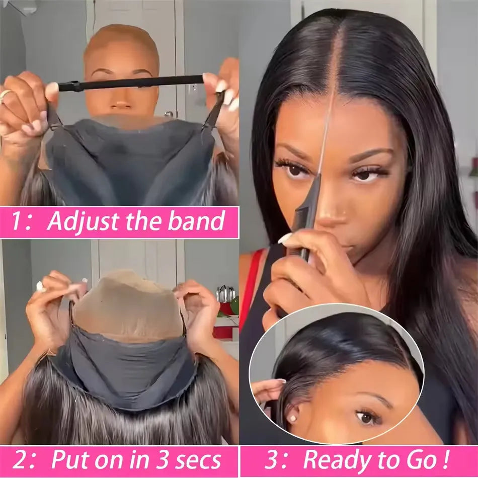 A long, straight, glueless human hair wig with side bangs, shown in a dark colour.