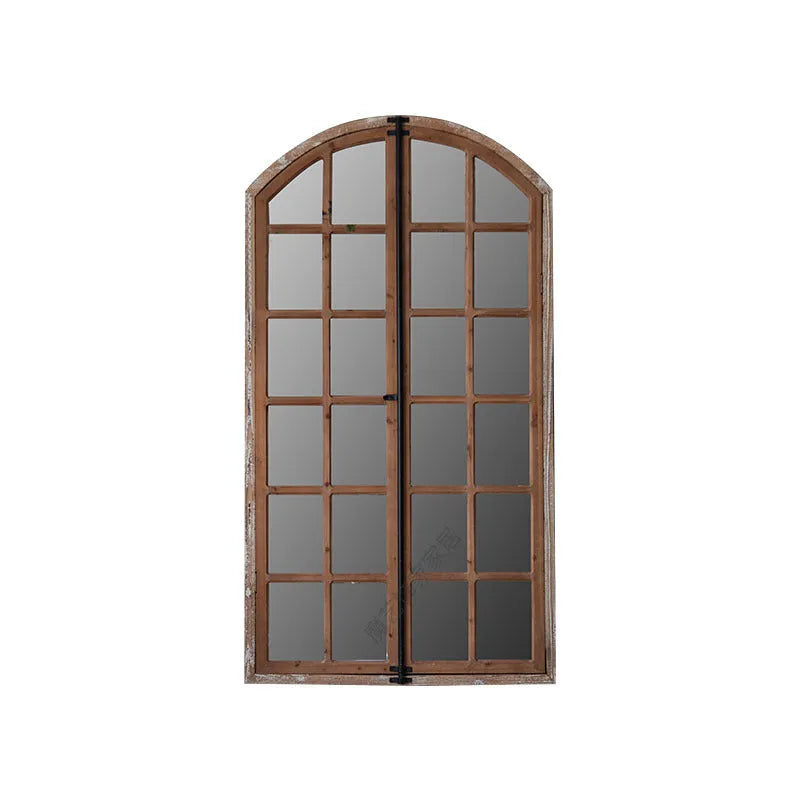 Terrace distressed fake window wall mirror with wooden glass and log-coloured finish