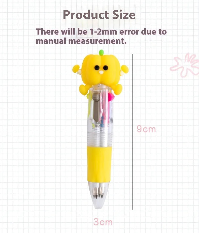 Cute cartoon-themed four-colour press-action ballpoint pen with plastic and silicone body.