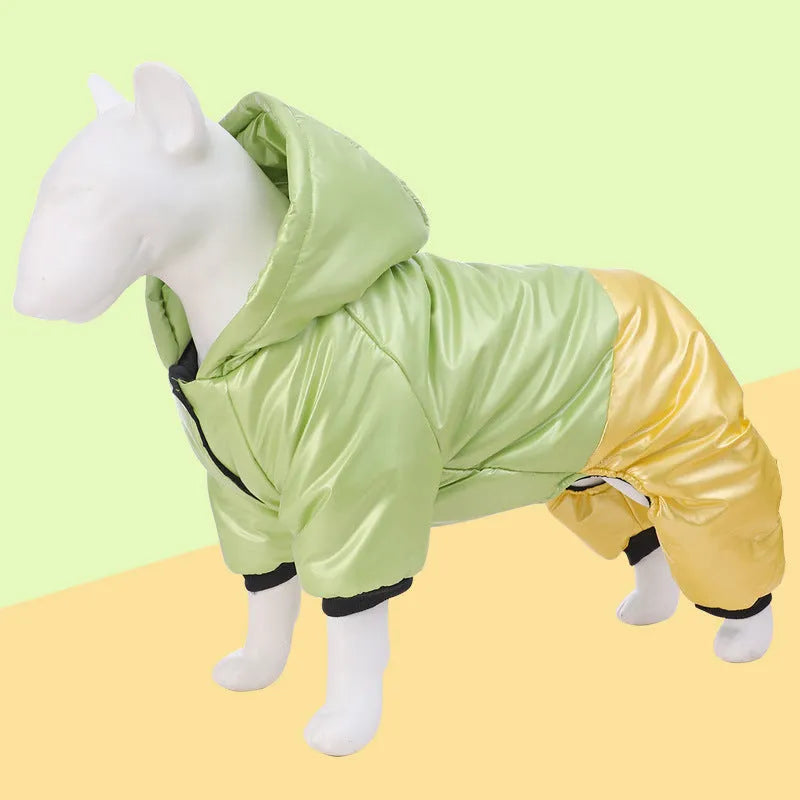 Green waterproof cotton padded dog coat on a large breed dog showing four-legged design.