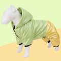 Green waterproof cotton padded dog coat on a large breed dog showing four-legged design.