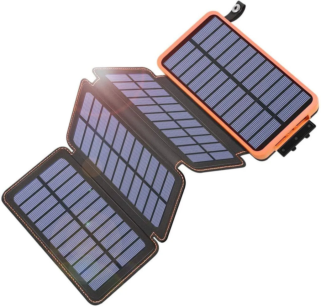 Outdoor rainproof solar phone charger with LED light in black, blue, green, or orange
