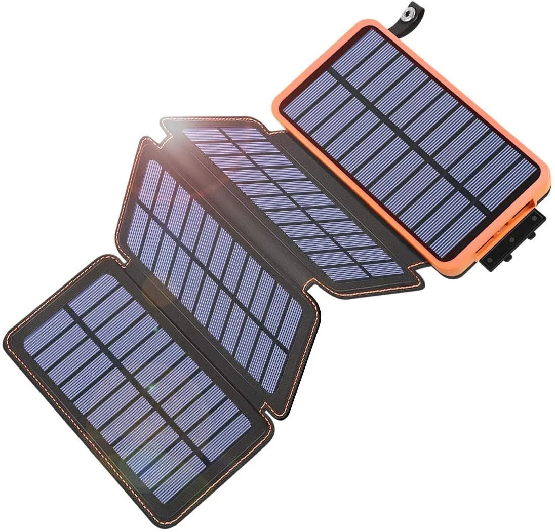 Outdoor rainproof solar phone charger with LED light in black, blue, green, or orange