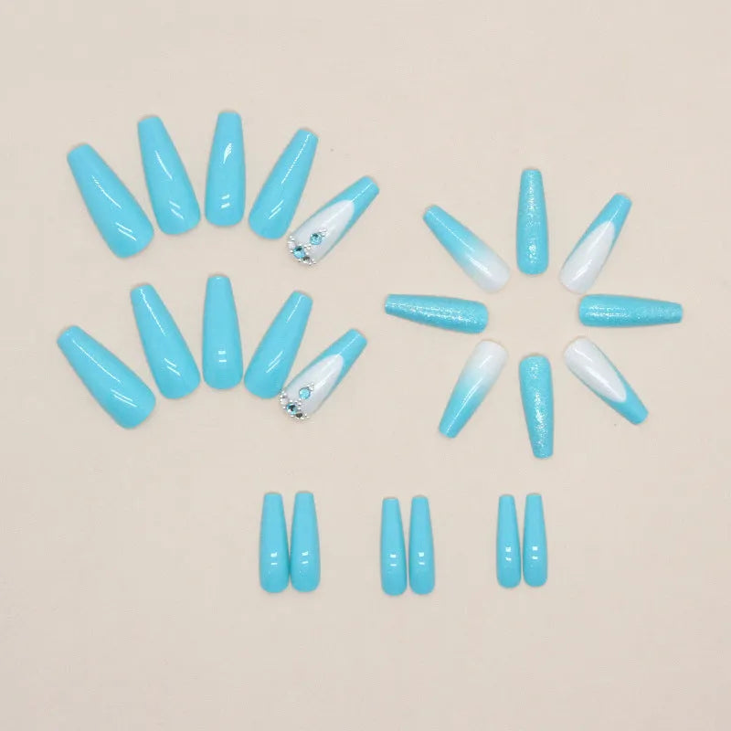 Smart blue diamond artificial long ballet nails with debris salt decorative design