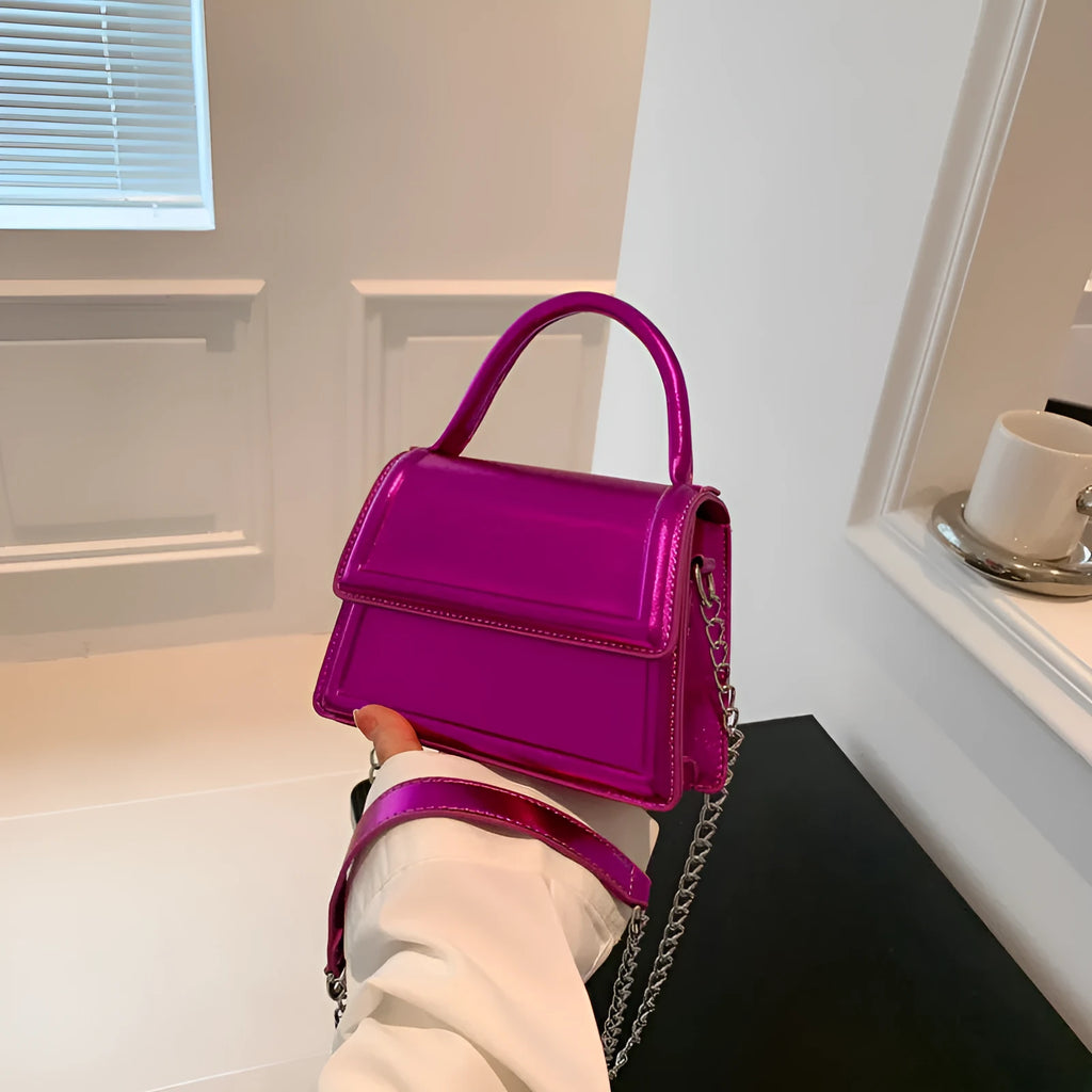 Retro square crossbody bag in PU material showing sewing line detail and crossbody strap