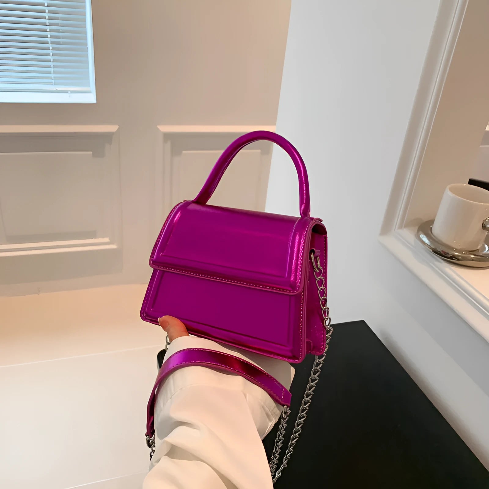 Retro square crossbody bag in PU material showing sewing line detail and crossbody strap