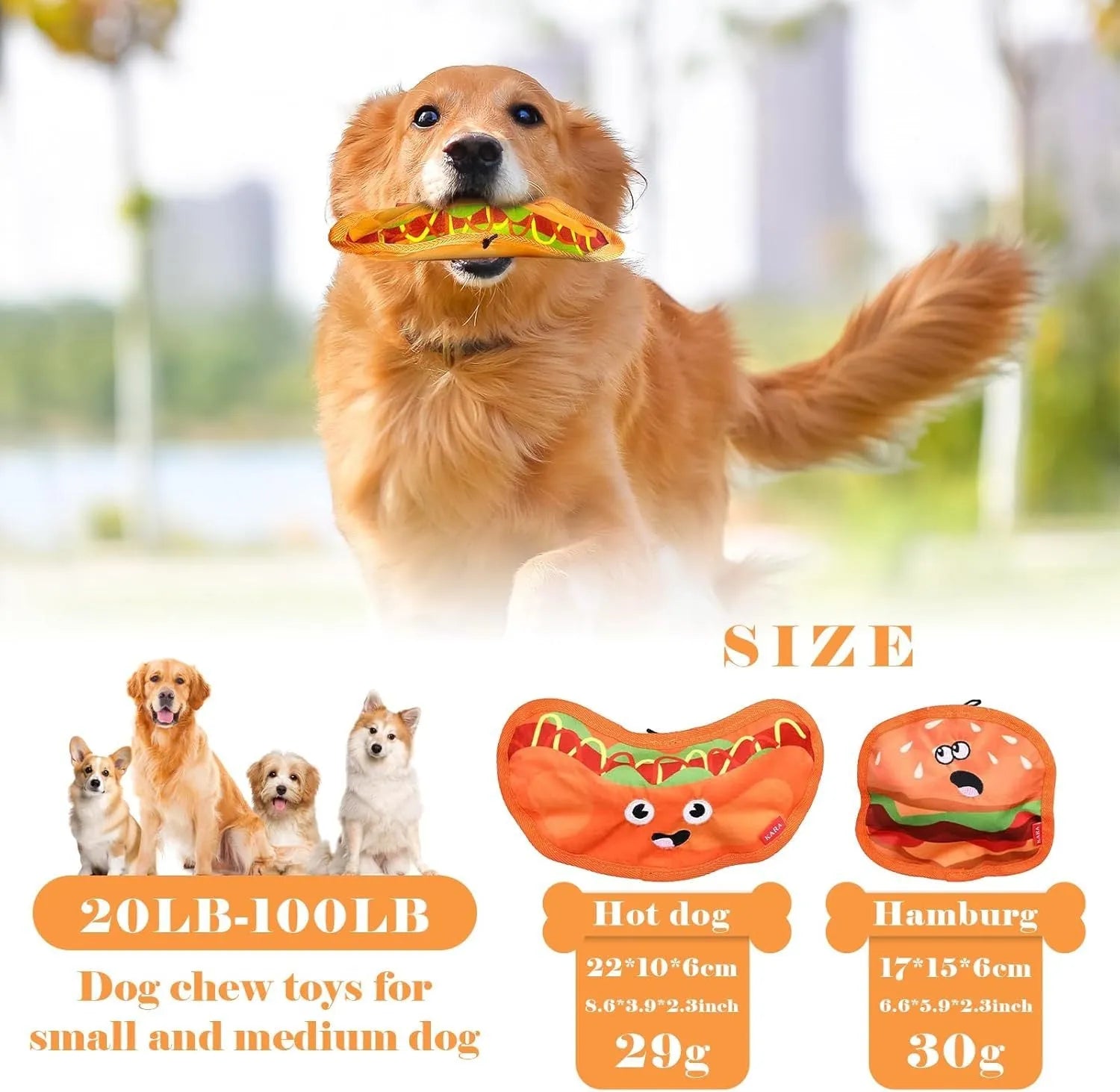 Hamburger-shaped crinkle dog toy with dual squeaker and crinkle sound, no stuffing