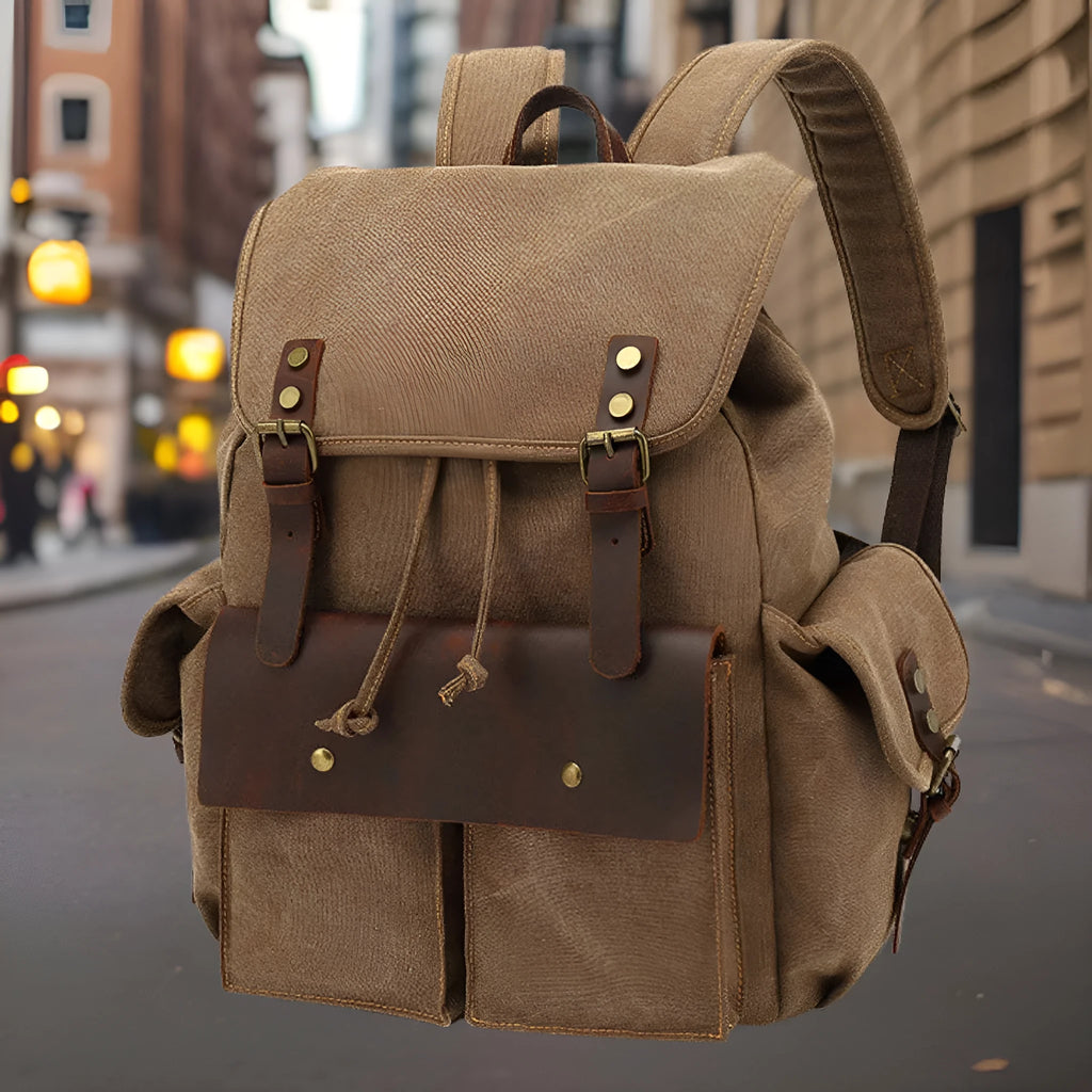 Retro wear-resistant canvas backpack in army green with antique bronze hardware, 16-inch laptop capacity