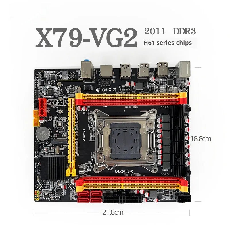 X79-VG2 desktop motherboard with LGA 2011 CPU socket, PCIe 16X slot, DDR3 memory slots, and M.2 connector.