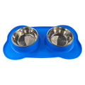 Large silicone double dog bowl with stainless steel food and water compartments in blue colour