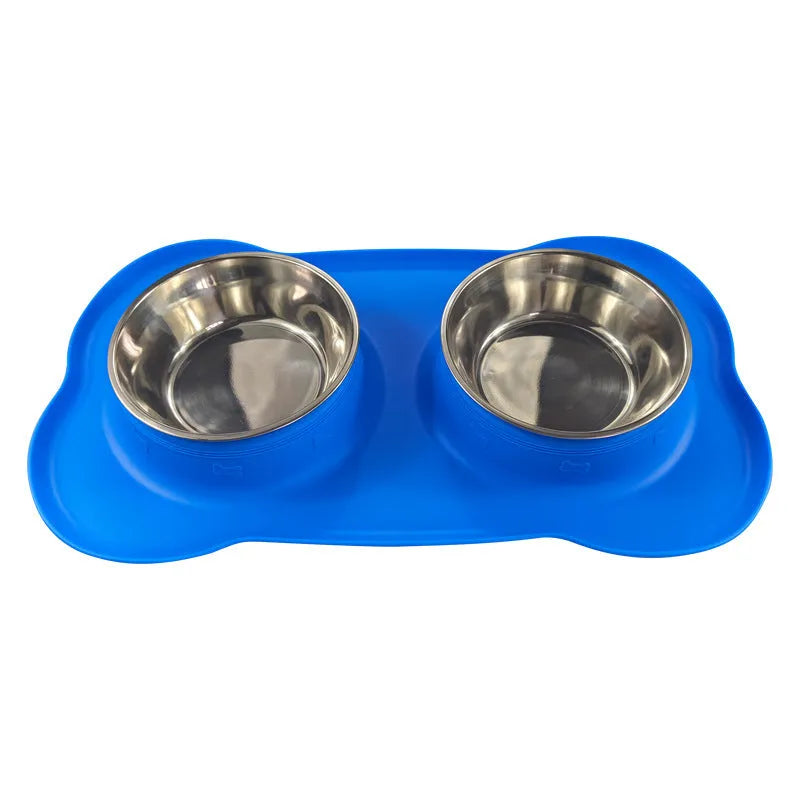 Large silicone double dog bowl with stainless steel food and water compartments in blue colour
