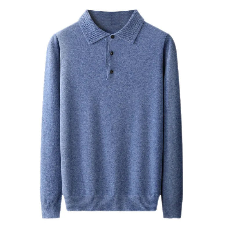Men's grey wool pullover sweater with a polo collar and long sleeves showcasing collage stitching detail.