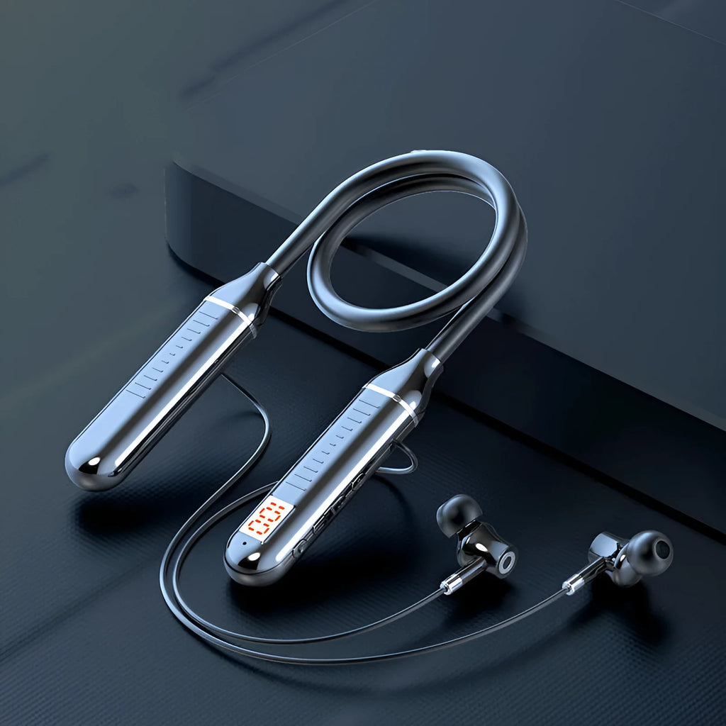Black wireless neckband sports headphones with a power display card, shown on a blue background.