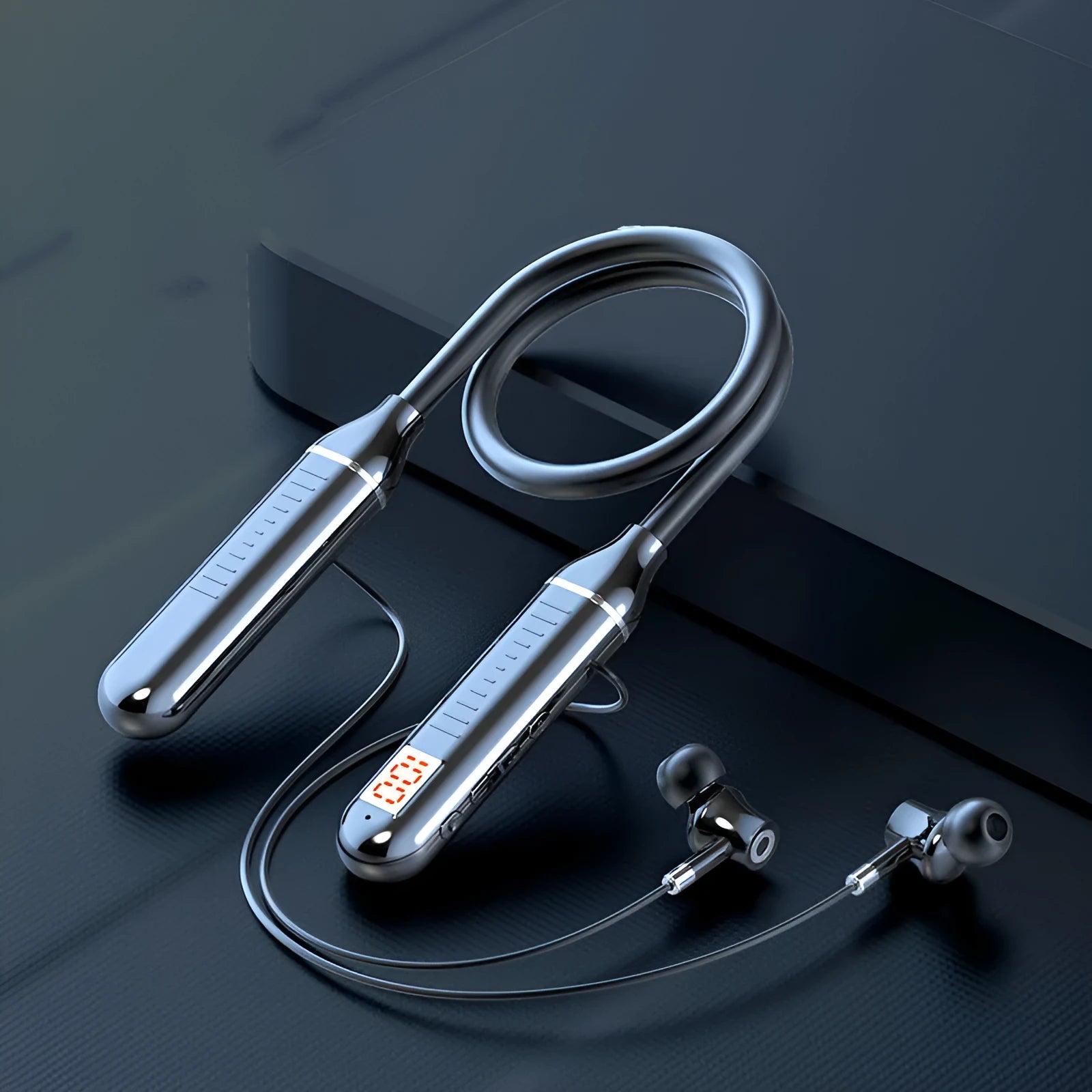 Black wireless neckband sports headphones with a power display card, shown on a blue background.