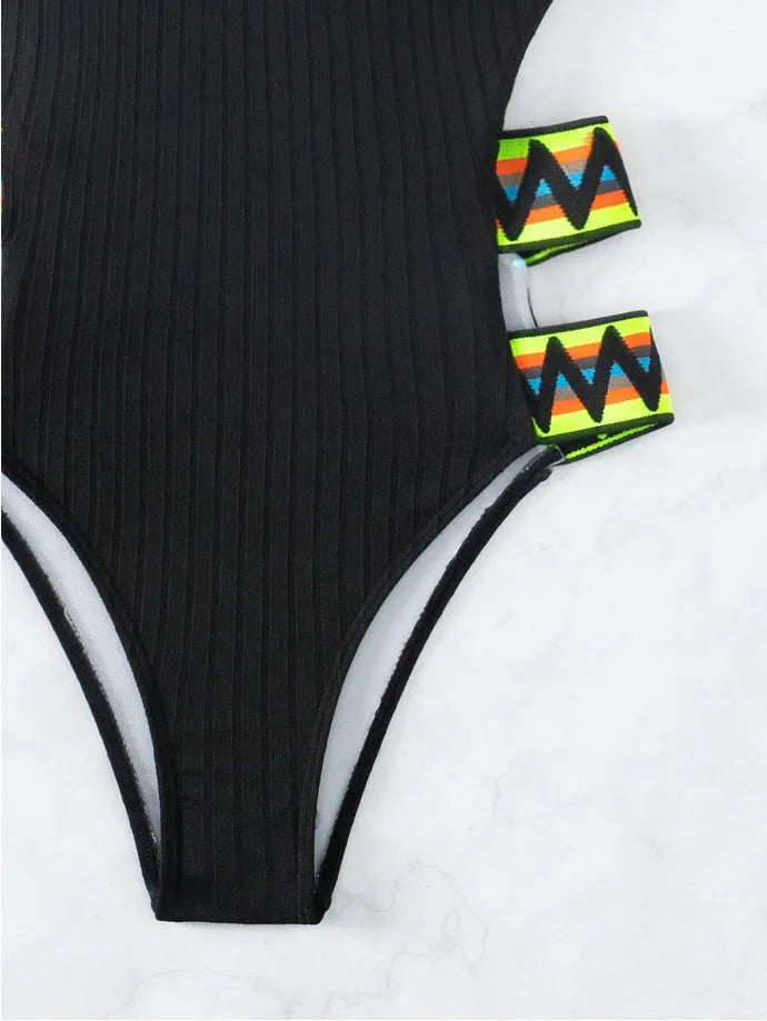 Black and orange solid colour one-piece swimsuit bikini for women