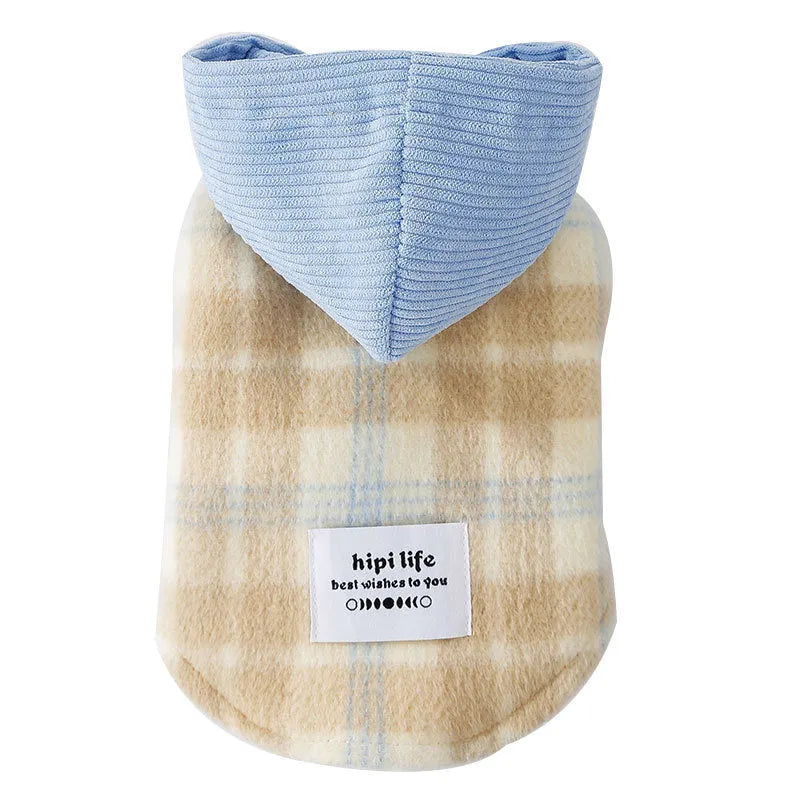 Blue corduroy dog hoodie with a black and white chessboard grid pattern and a hood.