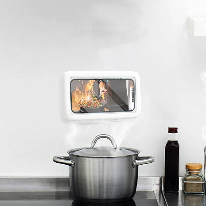 White waterproof phone holder mounted on shower tile with phone inside, showing touch screen.