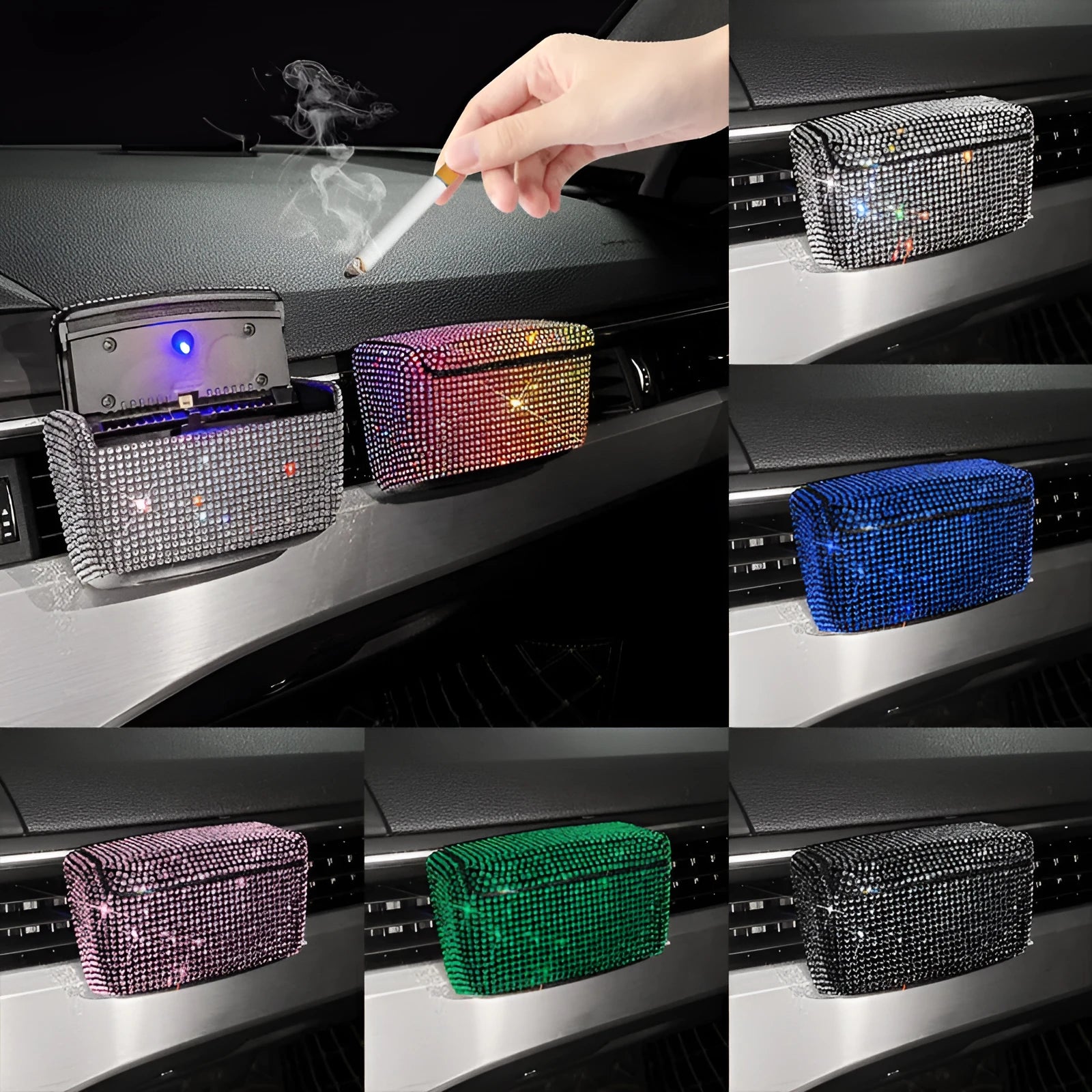 Creative covered plastic car ashtray Full Diamond Series black colour 10x7x5cm