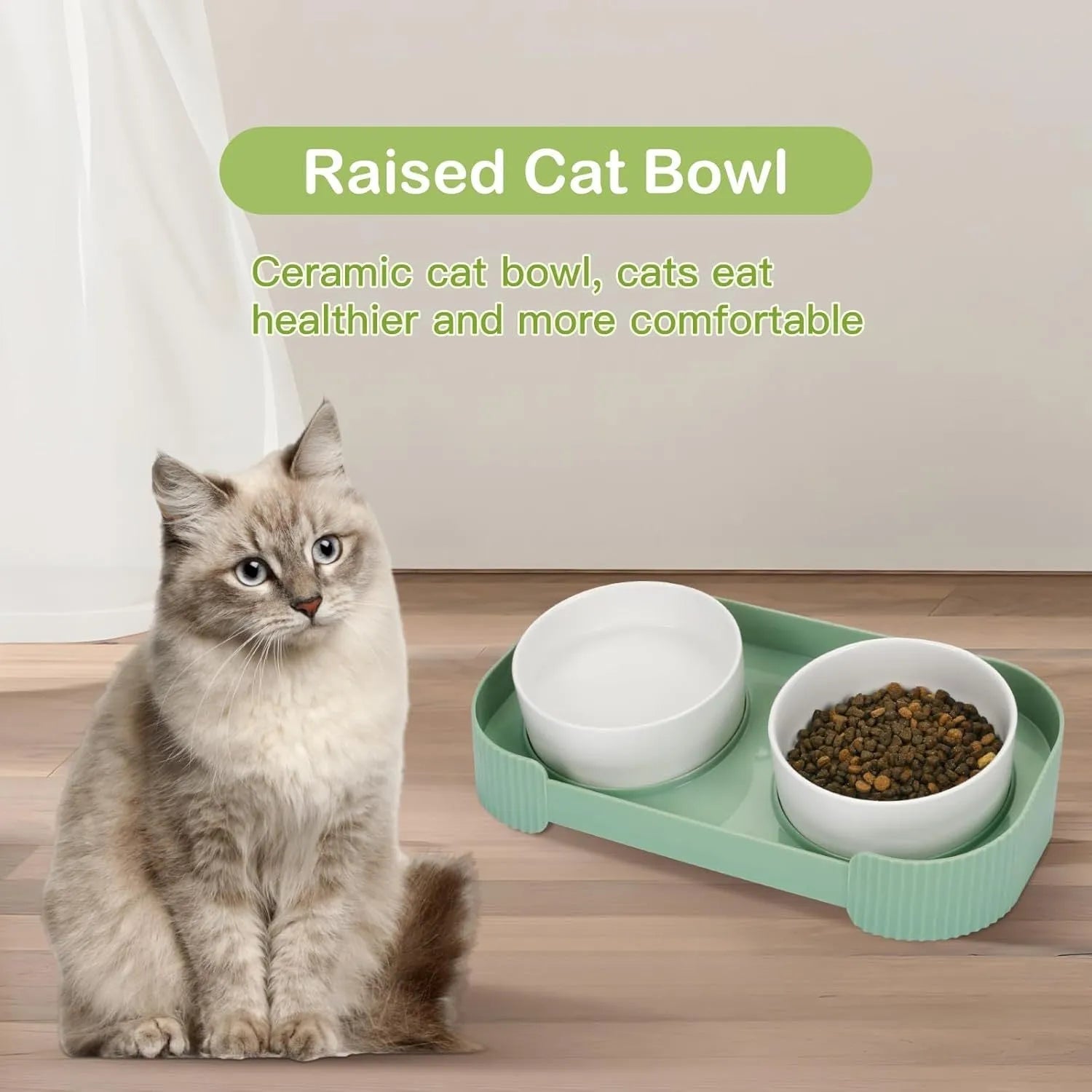 Green ceramic elevated cat bowl set with two bowls on a tilted stand for food and water.