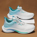 Men's white and blue sneakers with mesh lining and a rotating buckle closure on a rubber sole.