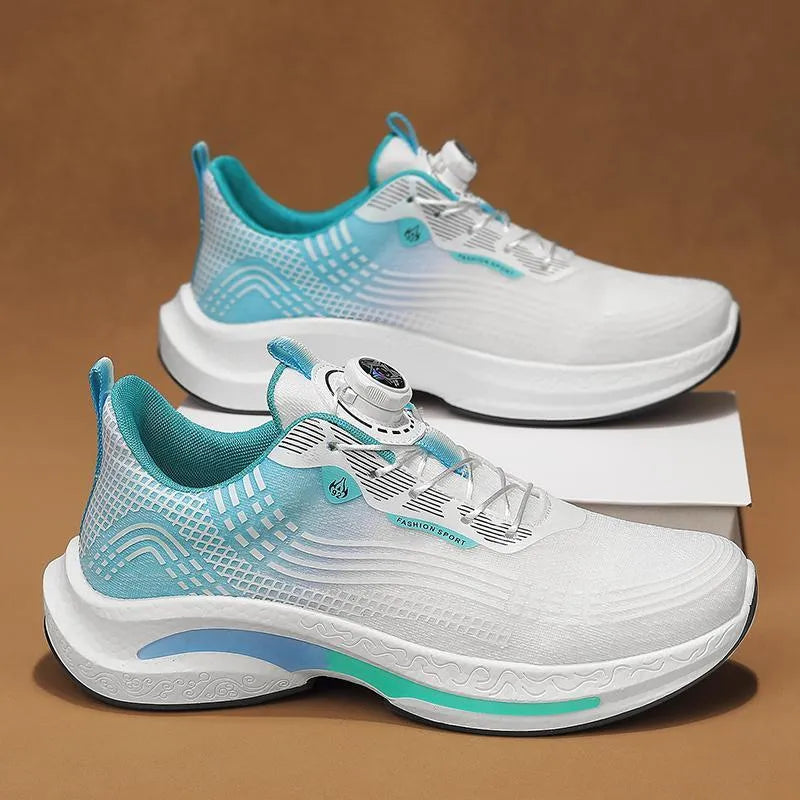 Men's white and blue sneakers with mesh lining and a rotating buckle closure on a rubber sole.