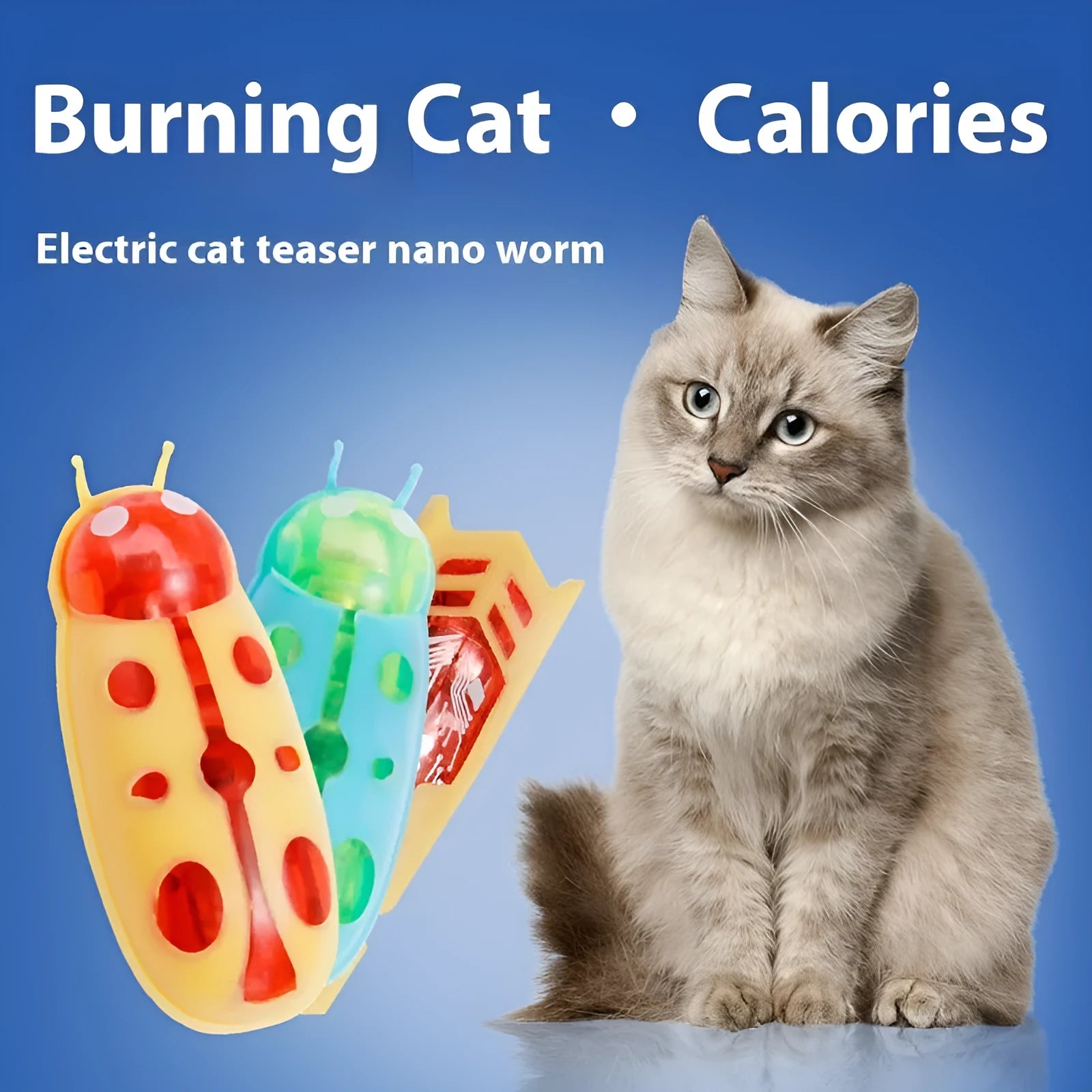 Electric jumping cat teaser toy with LED light in ladybug red and black style on white background