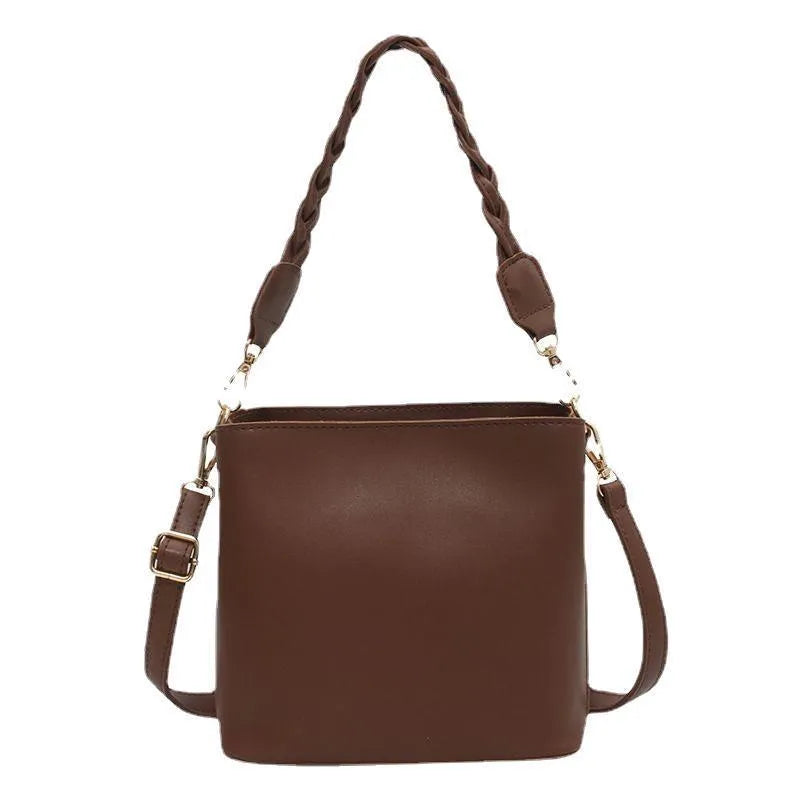 Retro woven PU leather crossbody bucket bag in khaki, black or brown colours