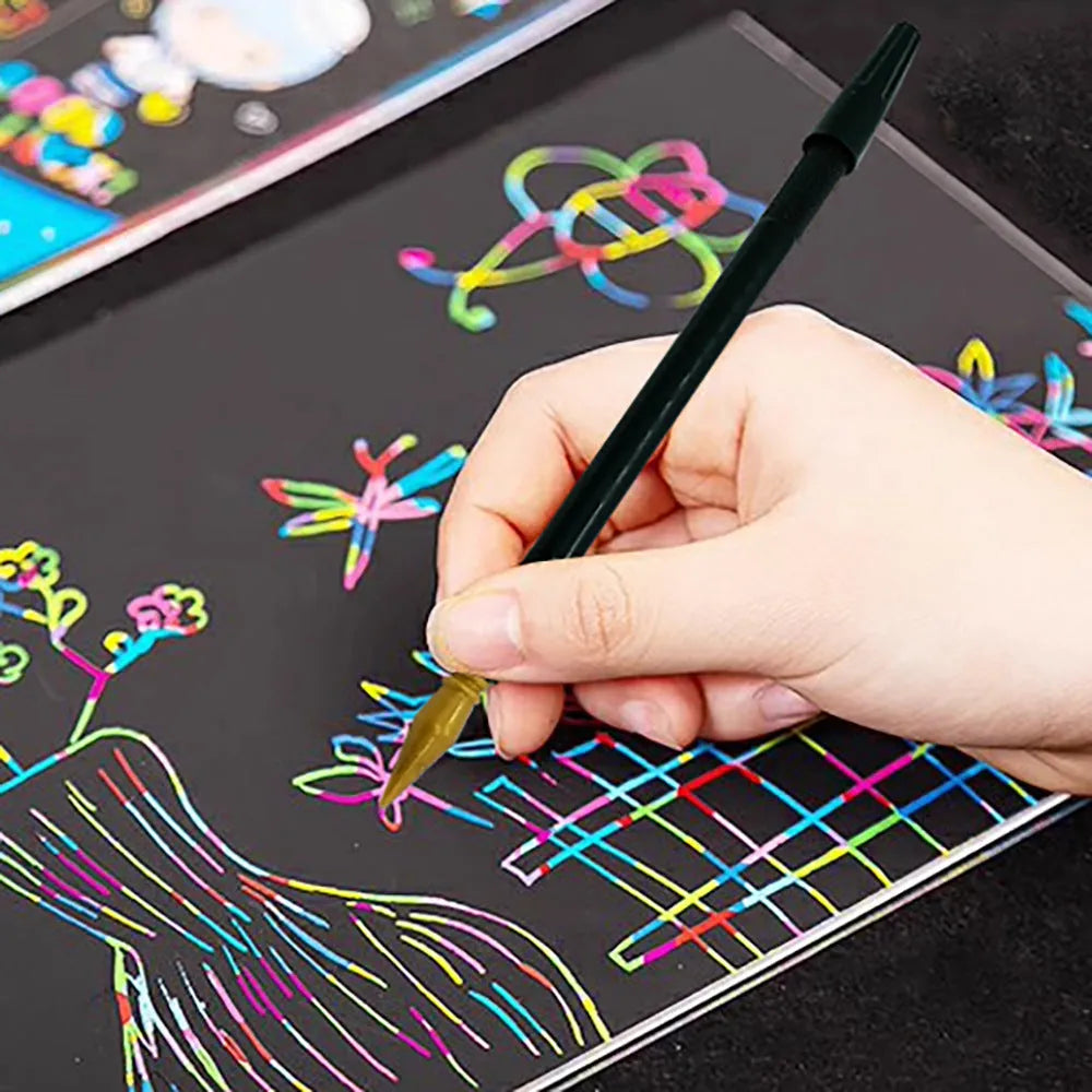 Children's scratch art pen with paper brush attachment for rainbow scratch painting projects