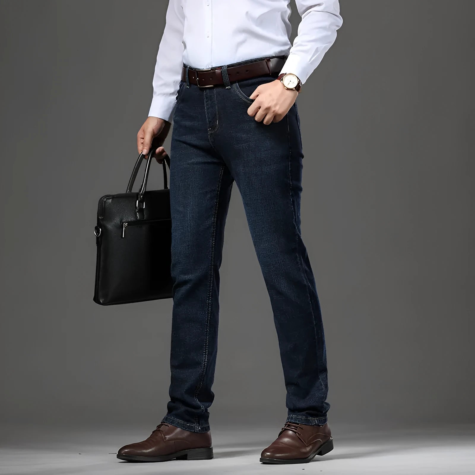 Women's loose fit black stretch jeans with a straight leg and zip fly, shown on a hanger.
