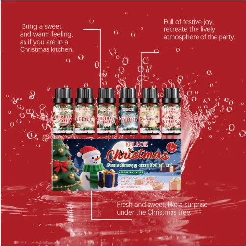 Christmas aromatherapy oil gift set showing six 60ml bottles of scented oil for home fragrance.